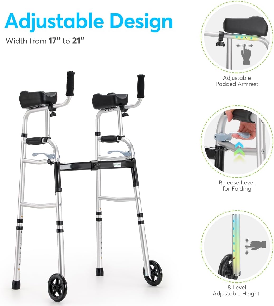 Folding Walker with 5’’ Wheels and Removable Padded Armrests Q407135