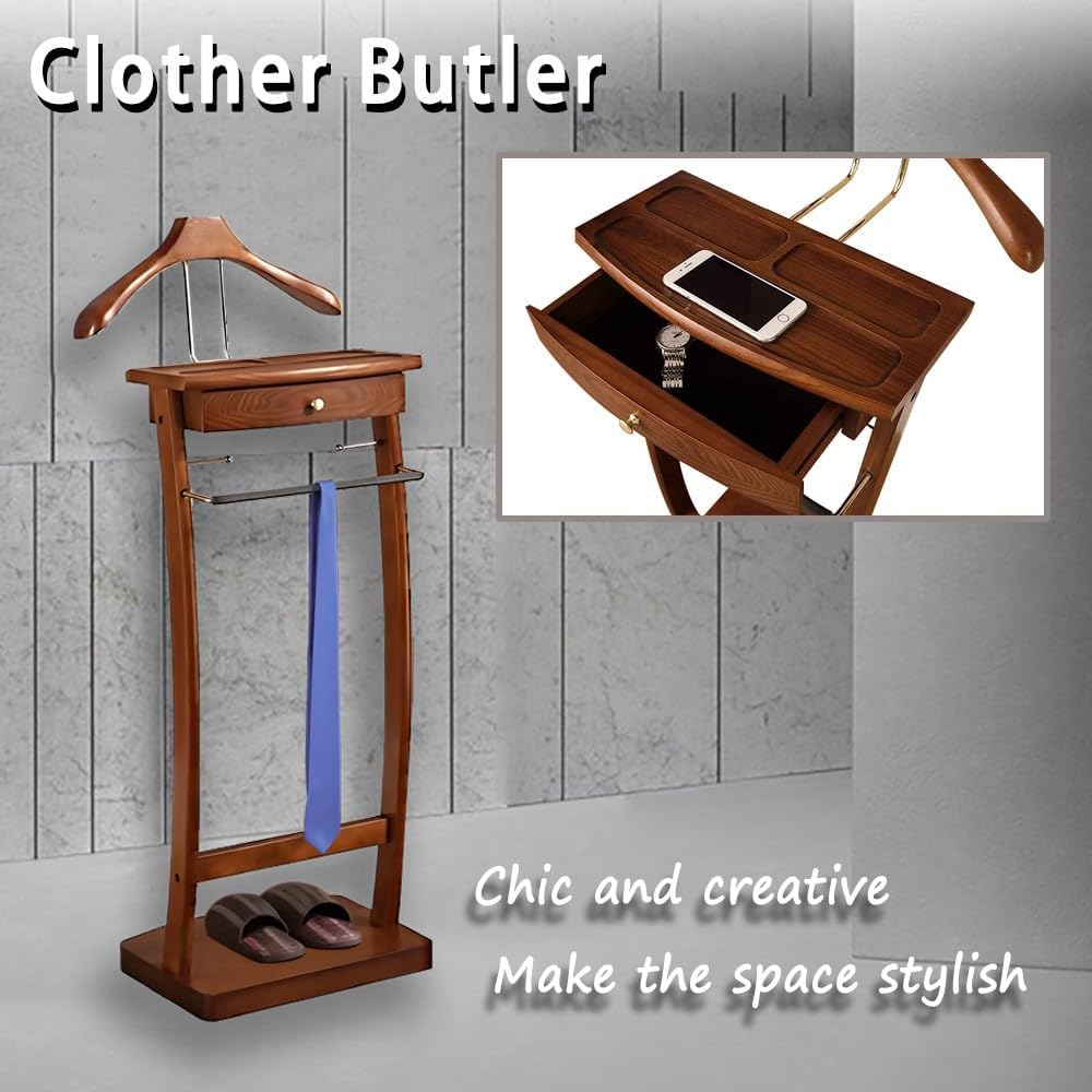 Solid Wood Suit Rack with Pants Bracket, Metal Valet Stand with Heavy Base, Wooden Clothes Valet with Tie Holder G1920