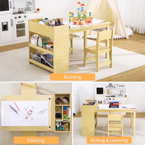 Kids Art Table with 2 Chairs Wood Activity Desk with Storage Shelves G60317