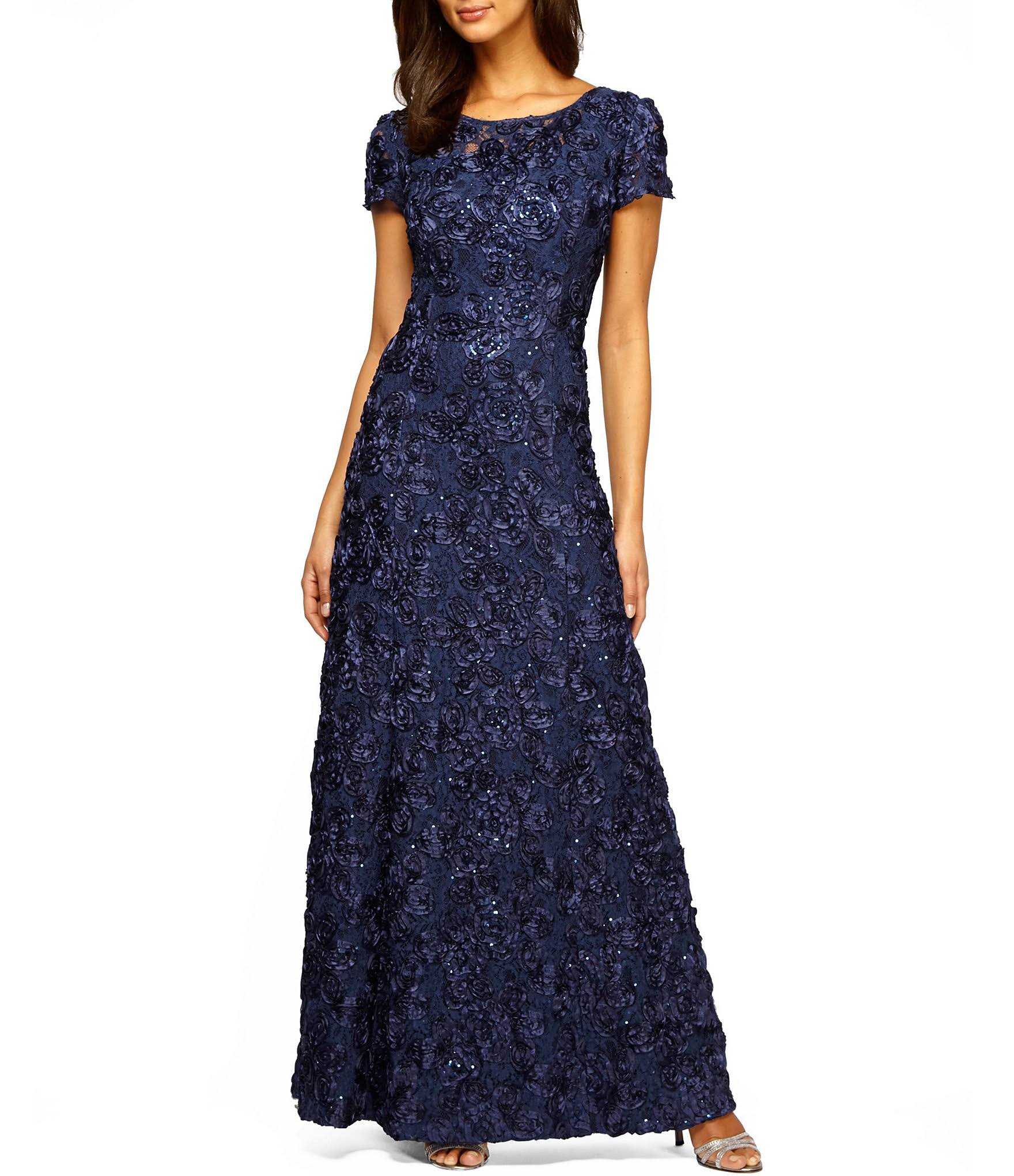 Navy Petite Lace A-Line Gown T747612