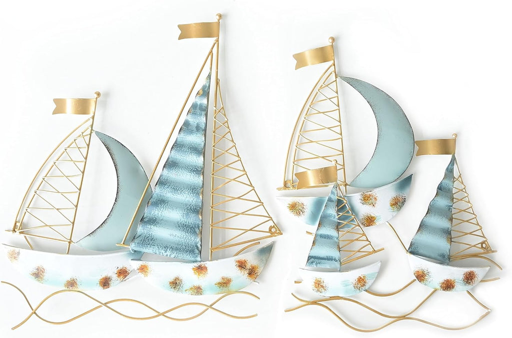 Set of 2 Blue Metal Sail Boat Wall Sculpture H3605