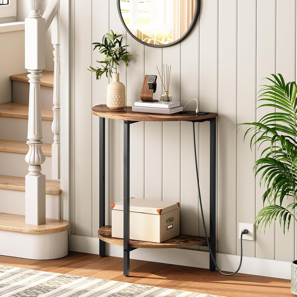 Rustic Brown and Black Half Moon Table with Charging Station I90872