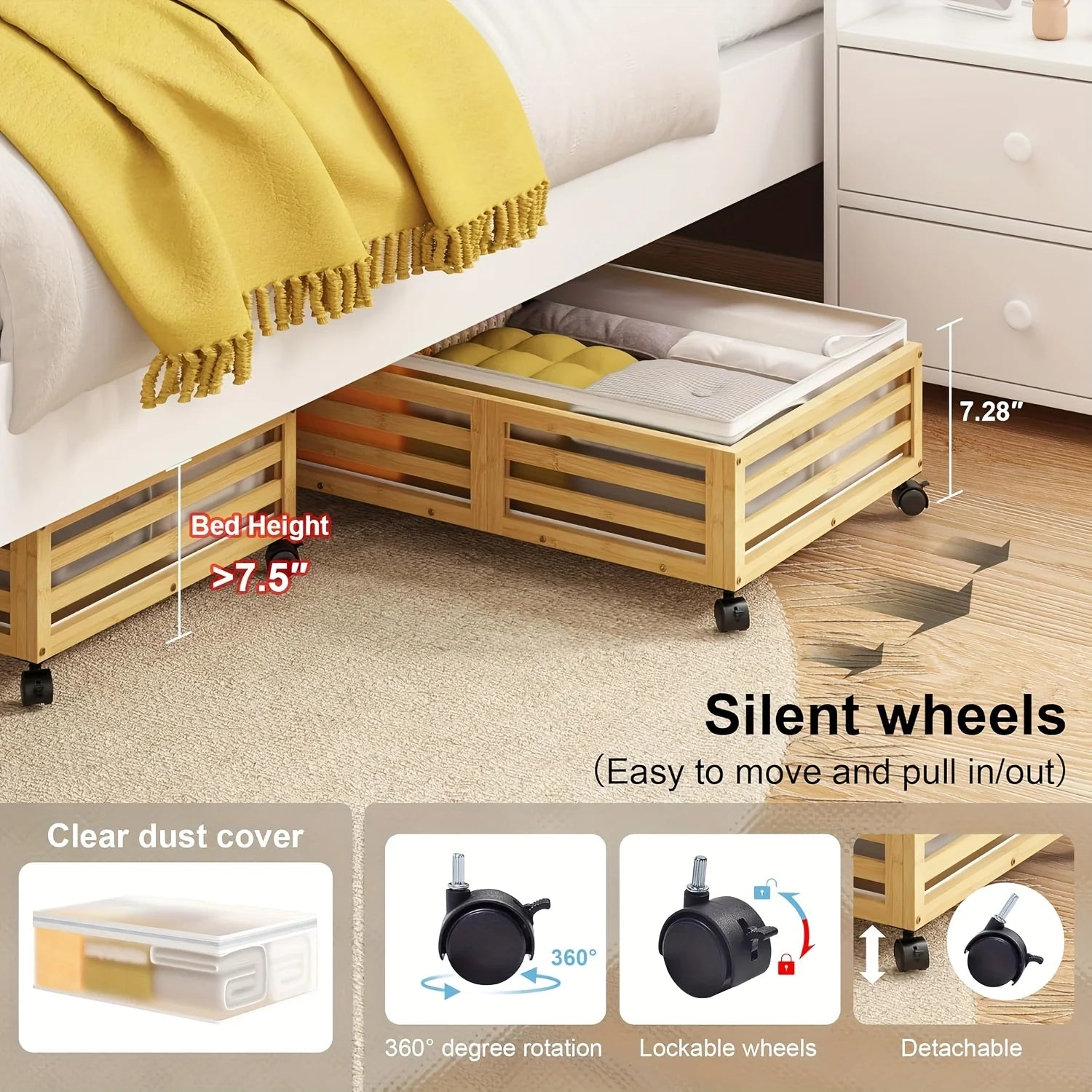 2-Pack Bamboo Under-Bed Storage Bins with Wheels D124088