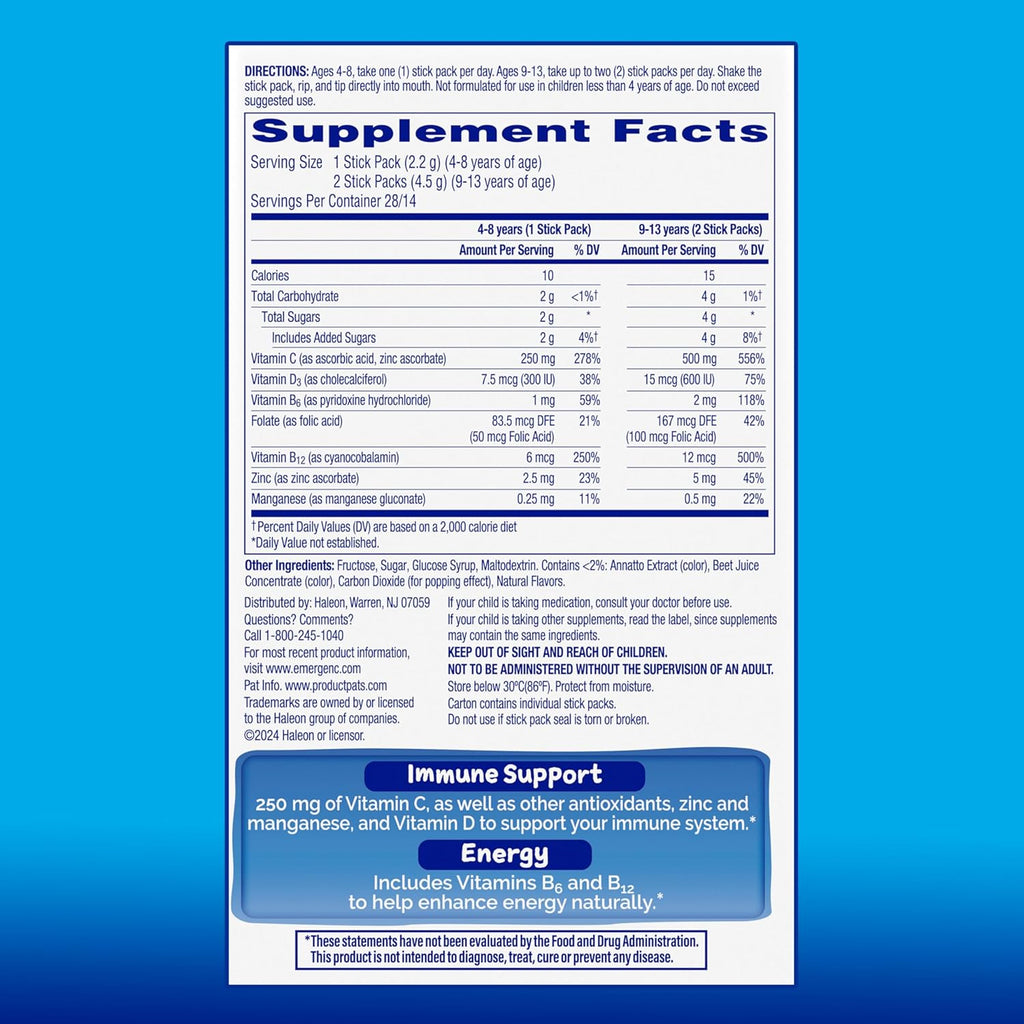 Tropical Punch Immune Support Supplement with Vitamin C, Vitamin D, B Vitamins, Zinc and Manganese - 28 Stick Packs G91289