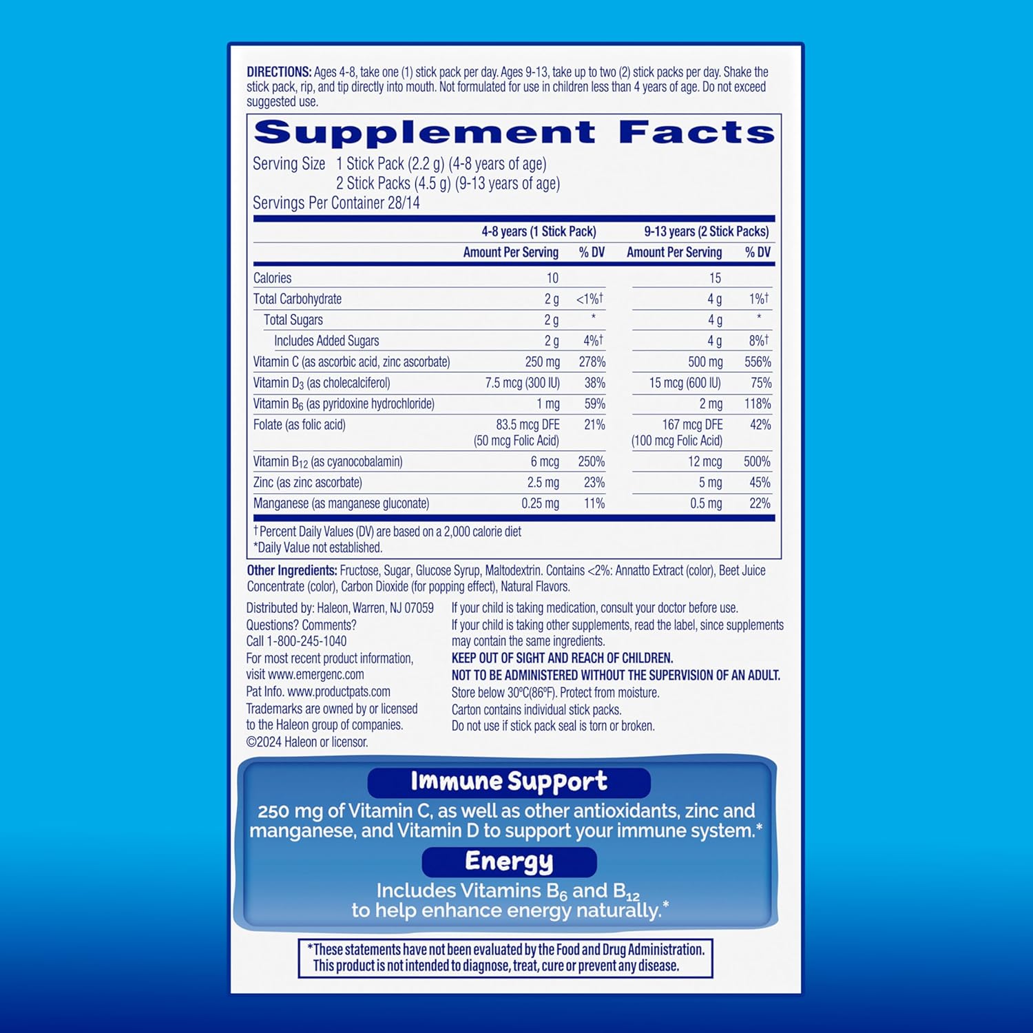 Tropical Punch Immune Support Supplement with Vitamin C, Vitamin D, B Vitamins, Zinc and Manganese - 28 Stick Packs G91289