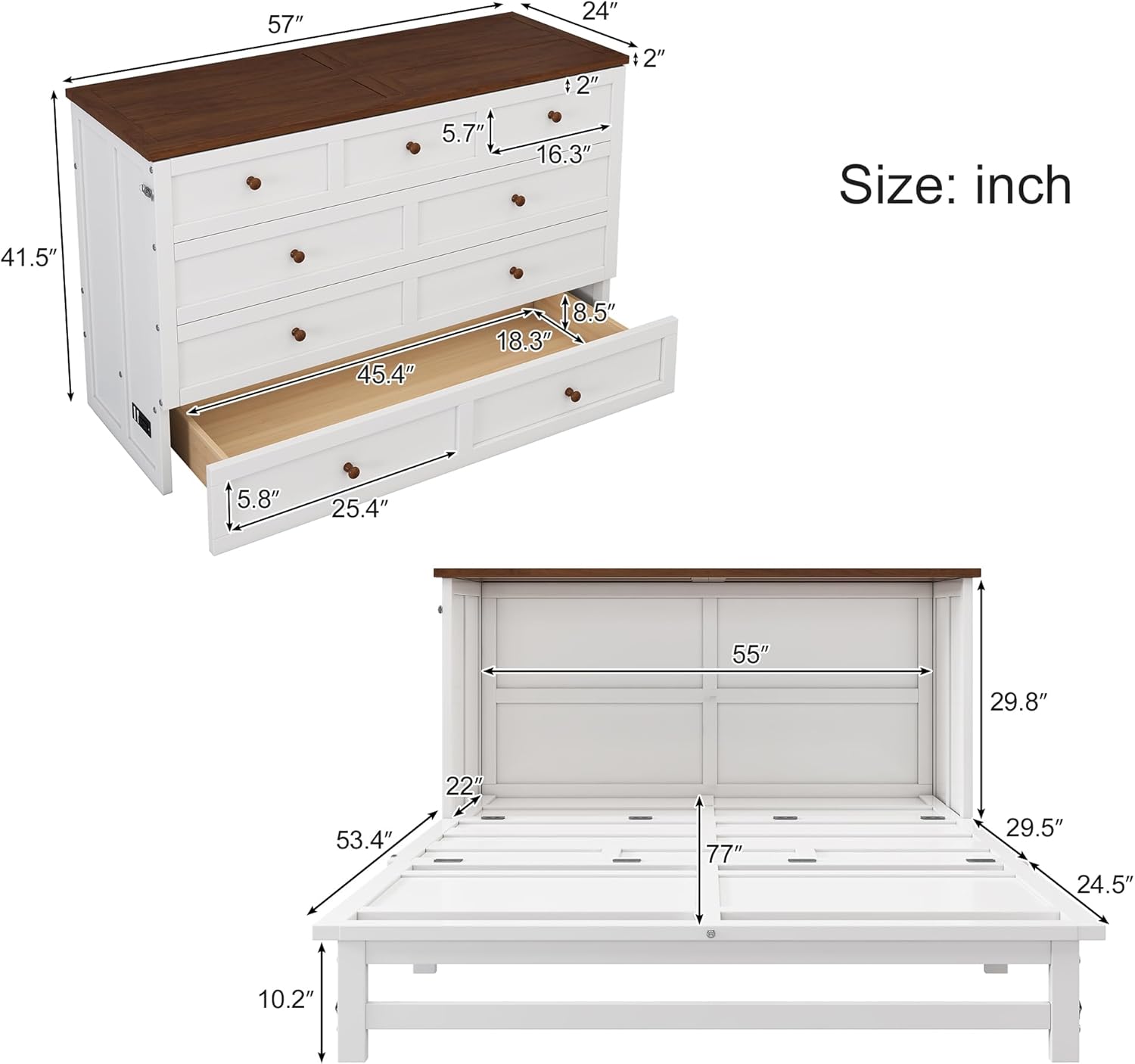 White+Walnut Full Size Murphy Bed with Large Drawer W2039