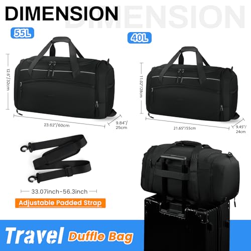 Black 55L Water Resistant Travel Duffel Bag with Shoe Compartment & Wet Pocket Q372146