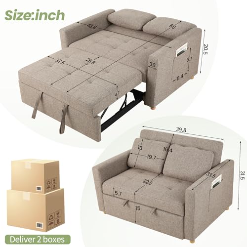 3-in-1 Convertible Sofa Bed, Linen Fabric Sleeper Couch, 49" 2-Seater Loveseat Futon Sofa X731065