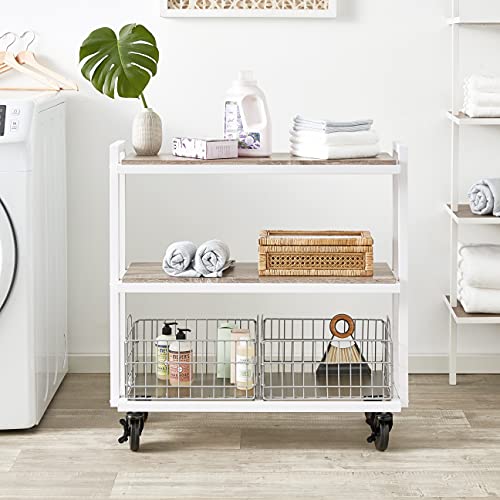White 3-Tier Mobile Storage Cart with Shelves & Baskets K80335