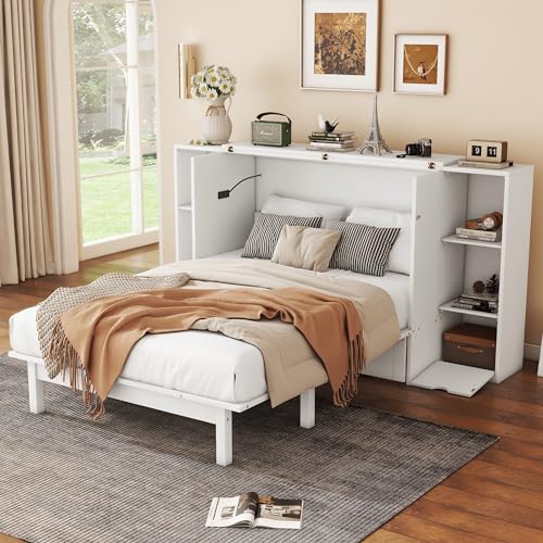 White Solid Wood Murphy Wall Bed with Storage and Bookcase Headboard H113
