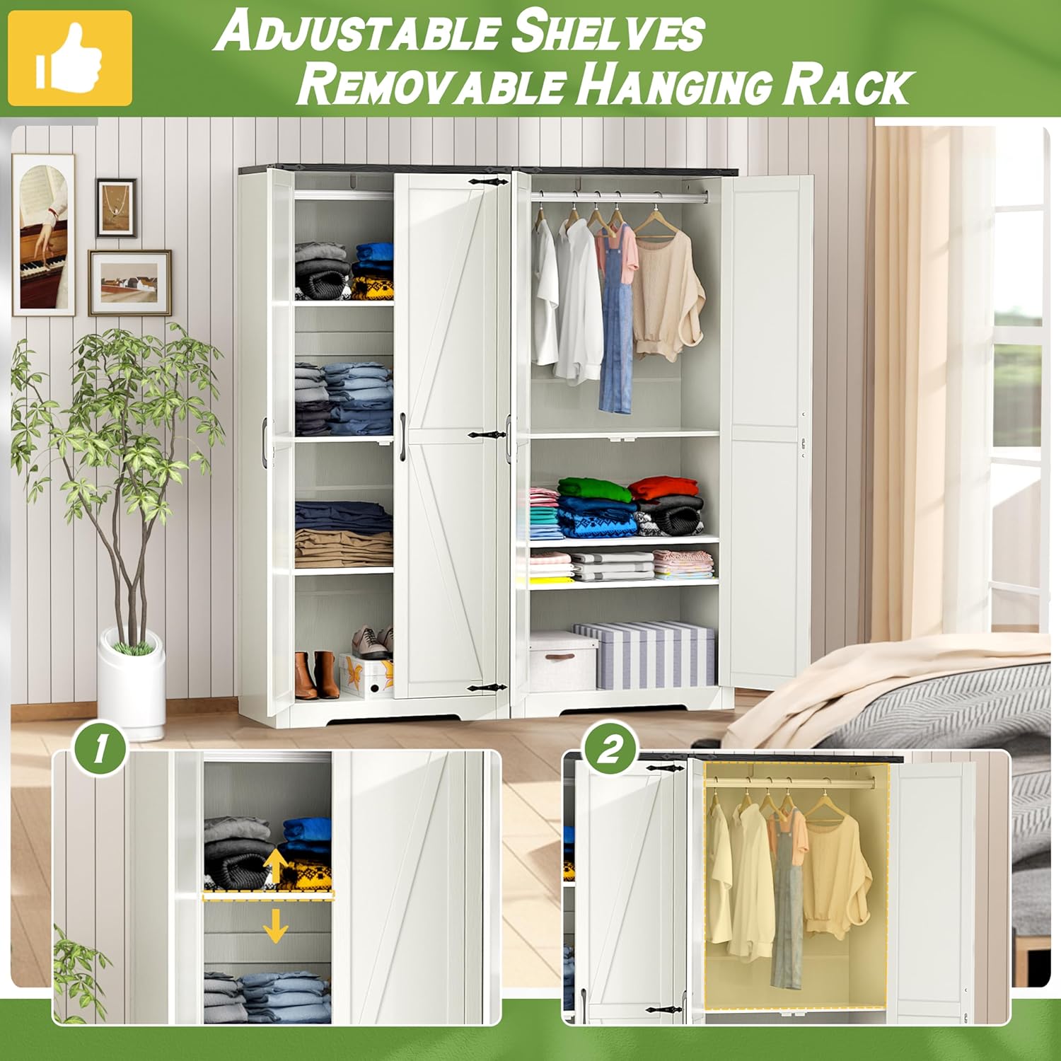 White 72" Wardrobe Closet with Doors and Hanging Rod I2677