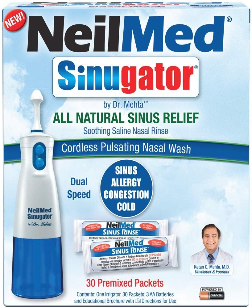 Cordless Pulsating Nasal Wash Kit with 30 Premixed Packets and 3 AA Batteries C401