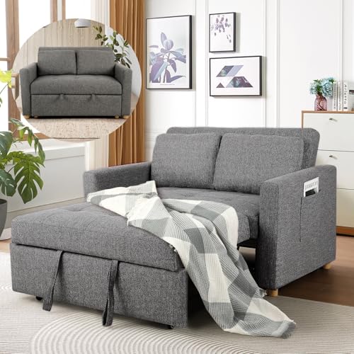 3-in-1 Convertible Sofa Bed, Linen Fabric Sleeper Couch, 49" 2-Seater Loveseat Futon Sofa X731065