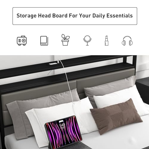 Grey Full Size Bed Frame with 4 Storage Drawers Q115945