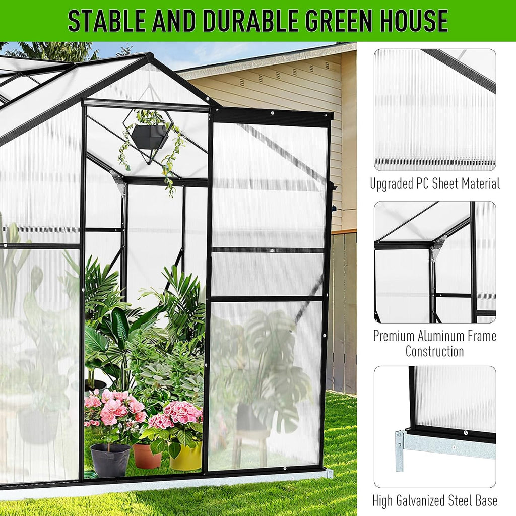 10x6 FT Polycarbonate Greenhouses with Sliding Door and Adjustable Vent Window, Black Q3784