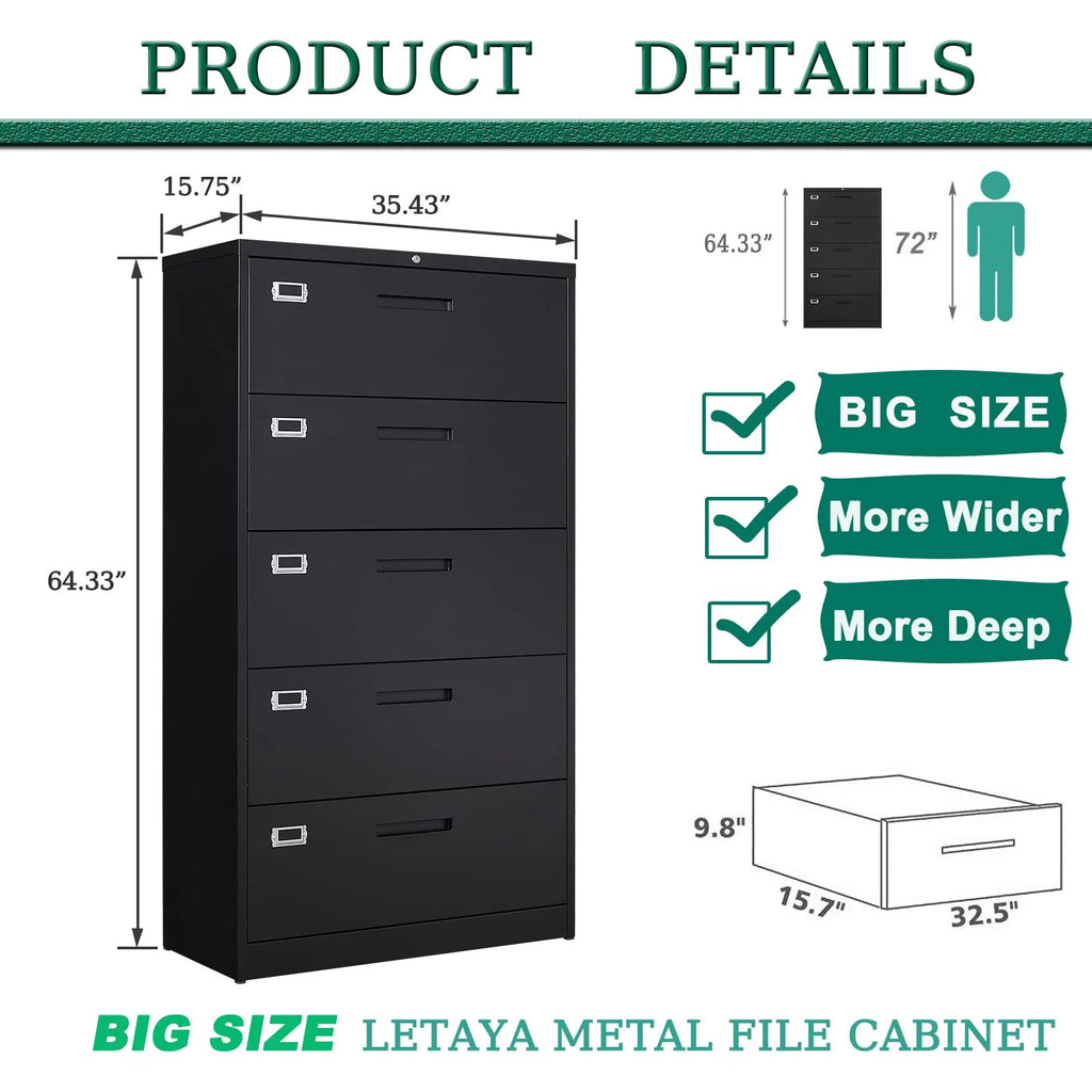 Black Metal 5 Drawer Lateral File Cabinet L7000