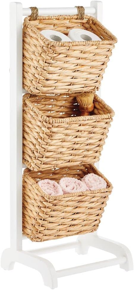 3 Tier Vertical Wood Storage Basket Stand with 3 Basket Bins - White/Natural/Tan Y123
