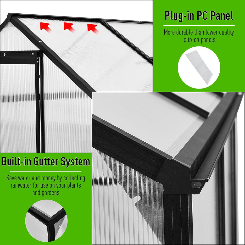10x6 FT Polycarbonate Greenhouses with Sliding Door and Adjustable Vent Window, Black Q3784