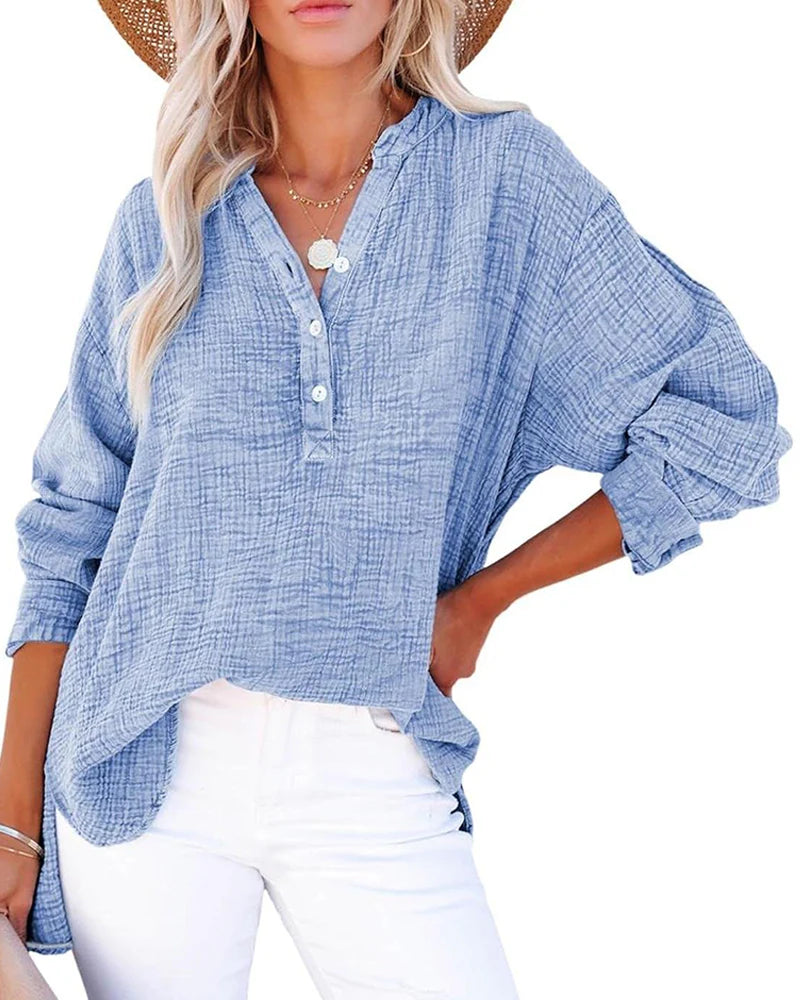 Womens Button V Neck Long Sleeve Shirts Solid Blouses Tops S585