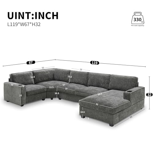 Dark Gray Chenille 6-Seat Sectional Sofa with Cup Holders T597872