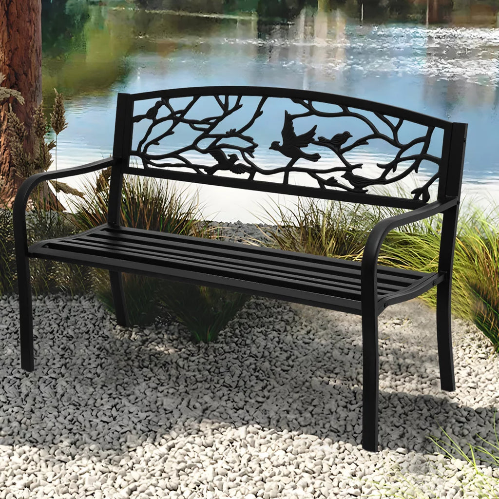 Black Cast Iron Outdoor Garden Bench with Slatted Seat J141809