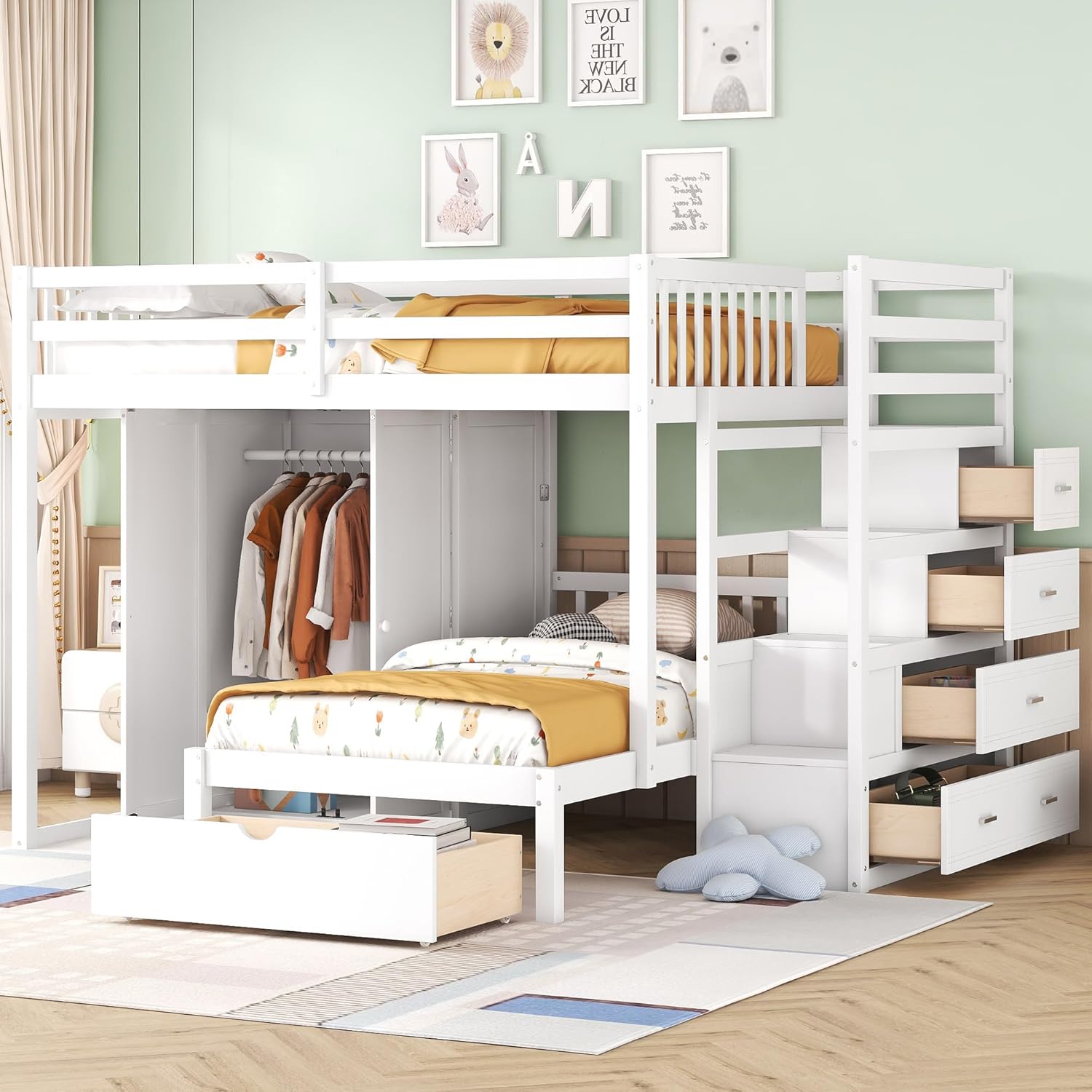 White Wood Bunk Bed with Wardrobe, Staircase and Drawers R38858