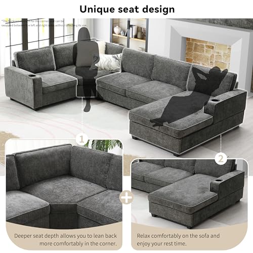 Dark Gray Chenille 6-Seat Sectional Sofa with Cup Holders T597872