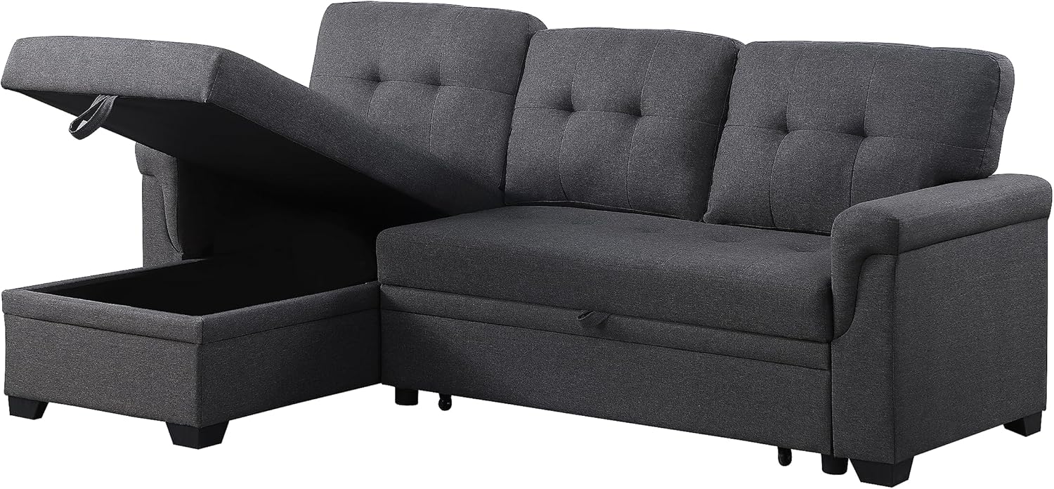 84'' L-Shape Convertible Sleeper Sectional Sofa with Storage Chaise and Pull-Out Bed, Dark Gray B285552