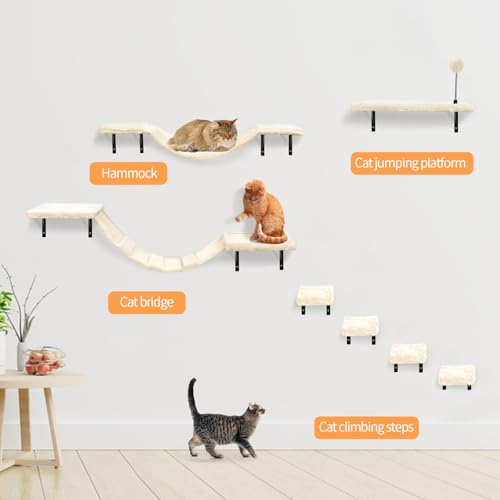 7 Pcs Beige Wood Cat Climber Set with Shelves, Perches, Bridge, Hammock, Scratching Board J680829