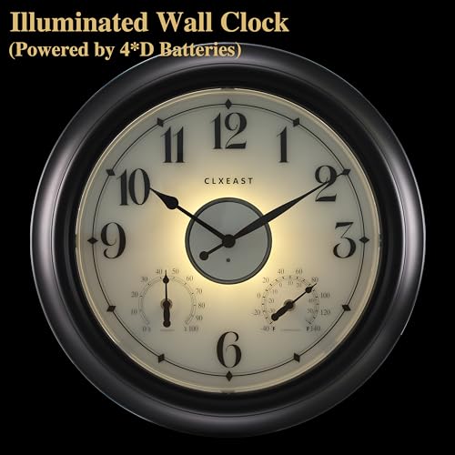 Illuminated Outdoor Clocks Waterproof 18 inch with Smart Sensor, Large Outdoor Clock with Thermometer & Hygrometer, Oil Rubbed Bronze Black H7723