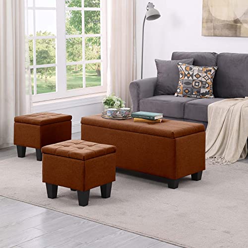 Dark Blue Linen Storage Ottoman Bench D200