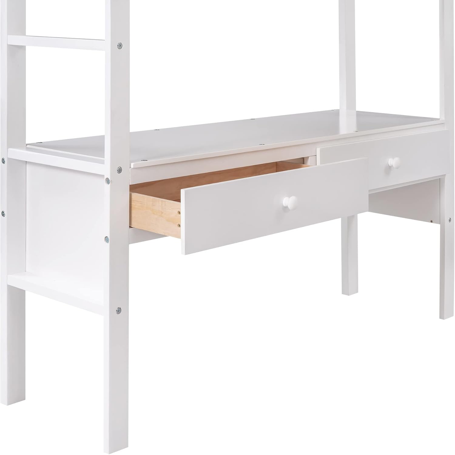 White Wooden Loft Bed with Built-in Desk and Two Drawers H377687