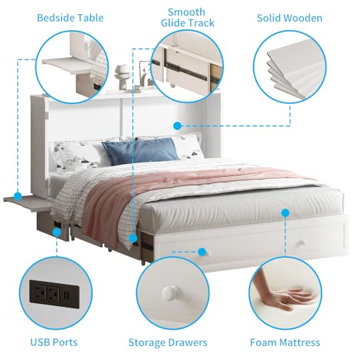 White Queen Cabinet Bed with Tri-fold Mattress Z11196