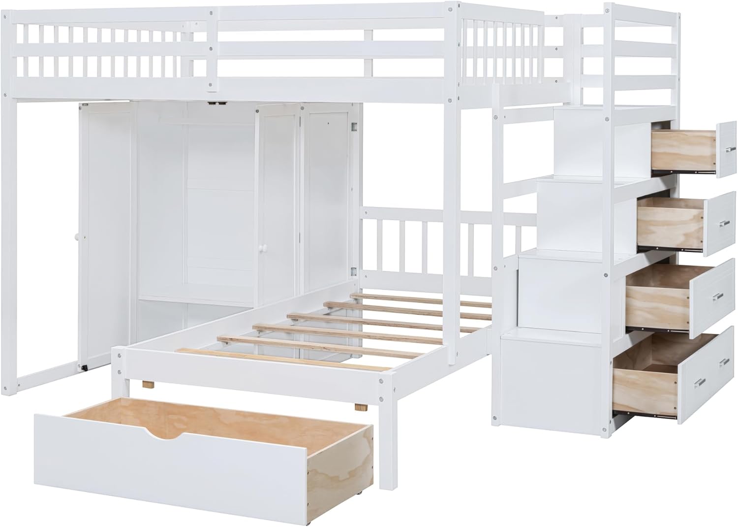 White Wood Bunk Bed with Wardrobe, Staircase and Drawers R38858