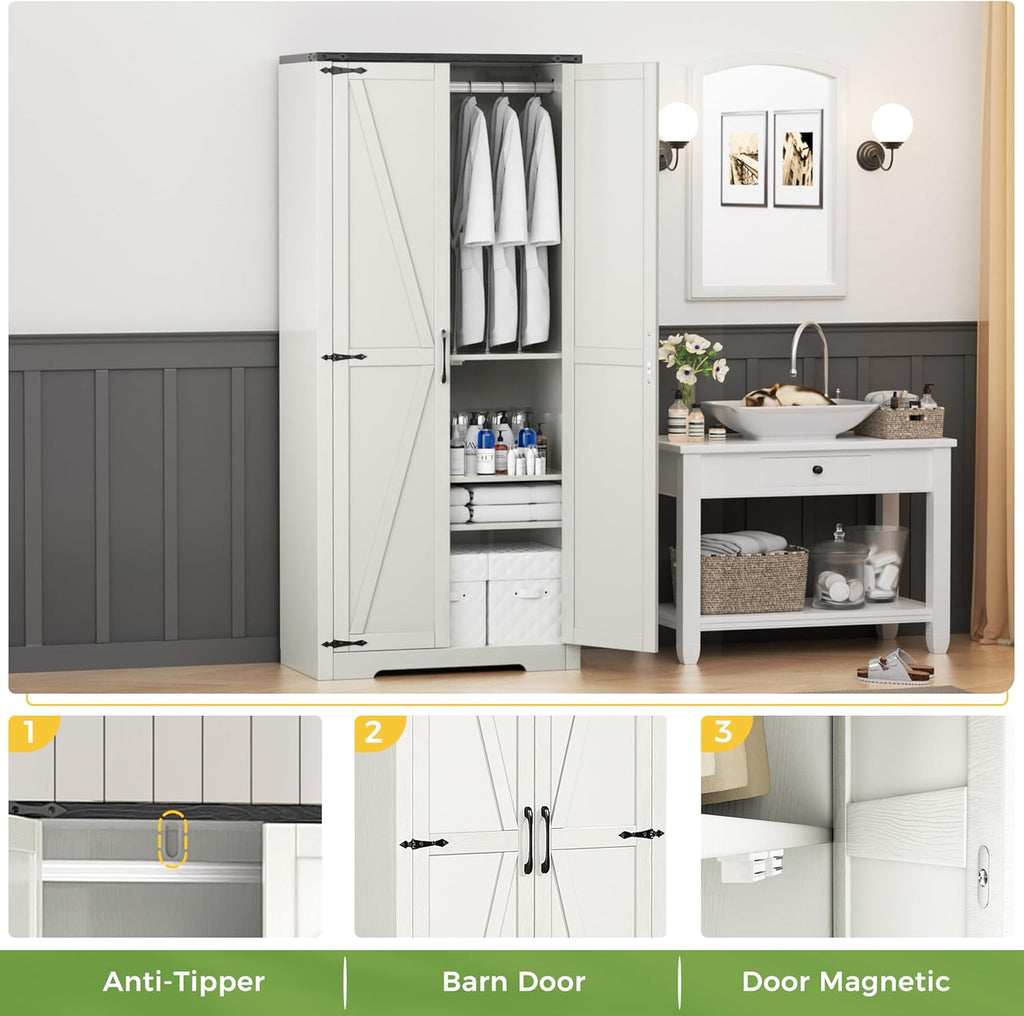 White 72" Wardrobe Closet with Doors and Hanging Rod I2677