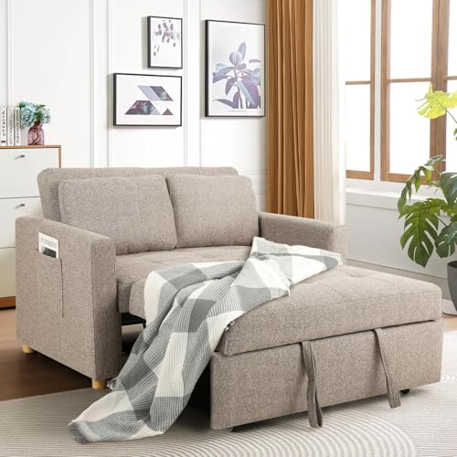 3-in-1 Convertible Sofa Bed, Linen Fabric Sleeper Couch, 49" 2-Seater Loveseat Futon Sofa X731065