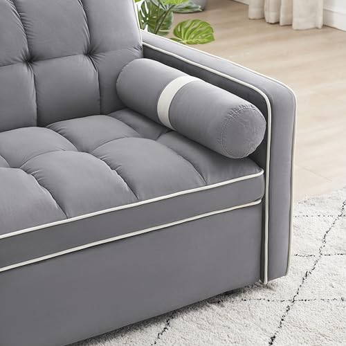 Gray Velvet Convertible Sleeper Sofa with Pull Out Bed V5996