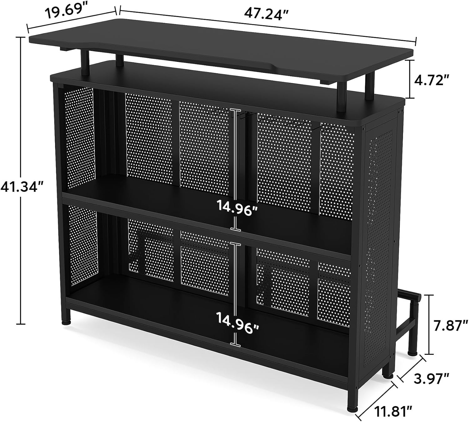 Industrial 3-Tier Liquor Bar Table with Stemware Rack L7310