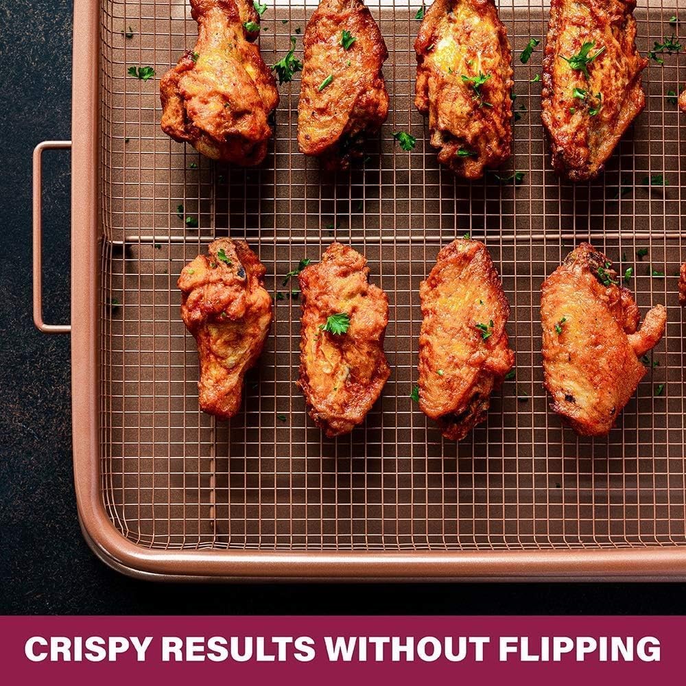 2 Piece Nonstick Air Fryer Tray + Basket, Copper Crisper Tray, 16.5” x 12” E87786