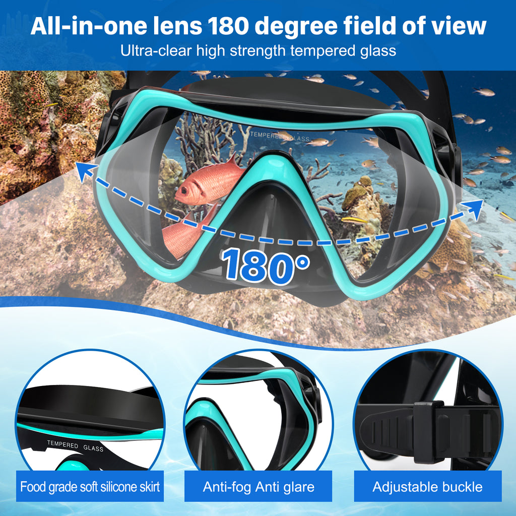 5 in 1 Snorkeling Gear Set with Tempered Glass and Travel Bag P1990