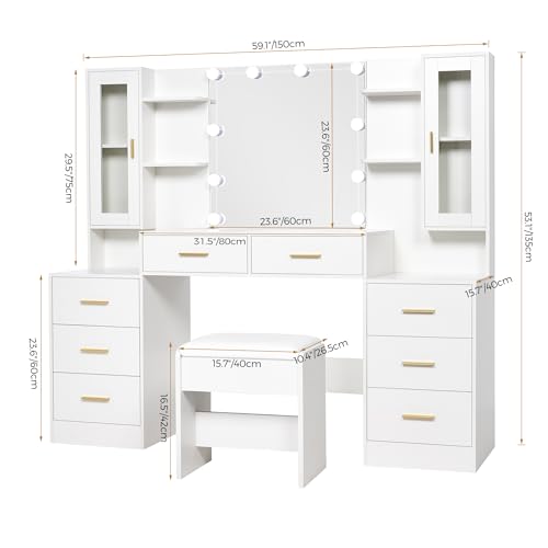 White Large Vanity Desk with Mirror and Lights 8 Drawers C6305