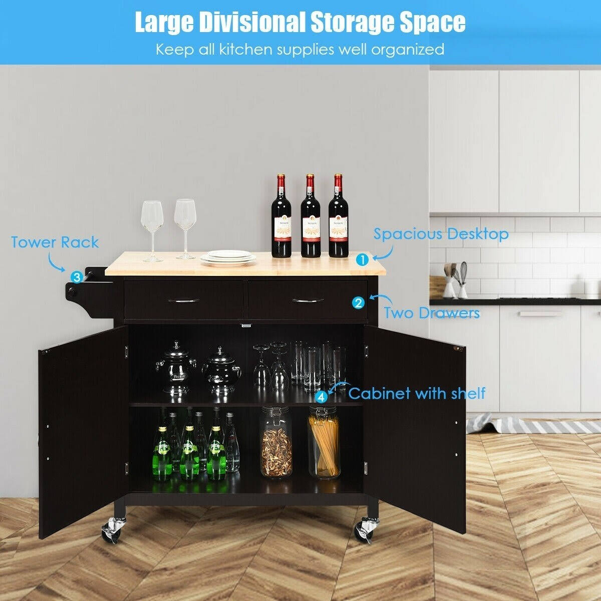 White Rolling Kitchen Cart with Wooden Top Z6138