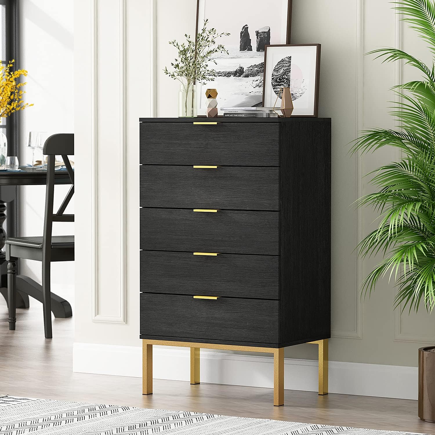 Black 5 Drawer Wood Dresser with Gold Metal Legs H285