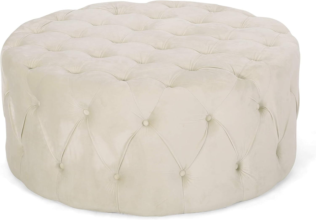 Beige Round Tufted Velvet Ottoman M936378