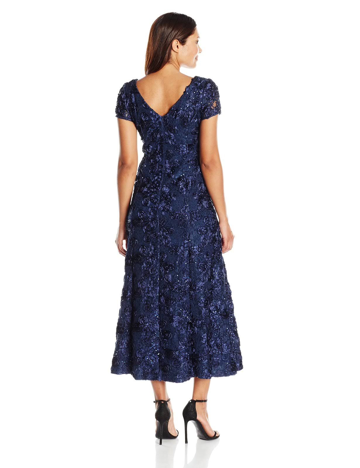 Navy Petite Lace A-Line Gown T747612