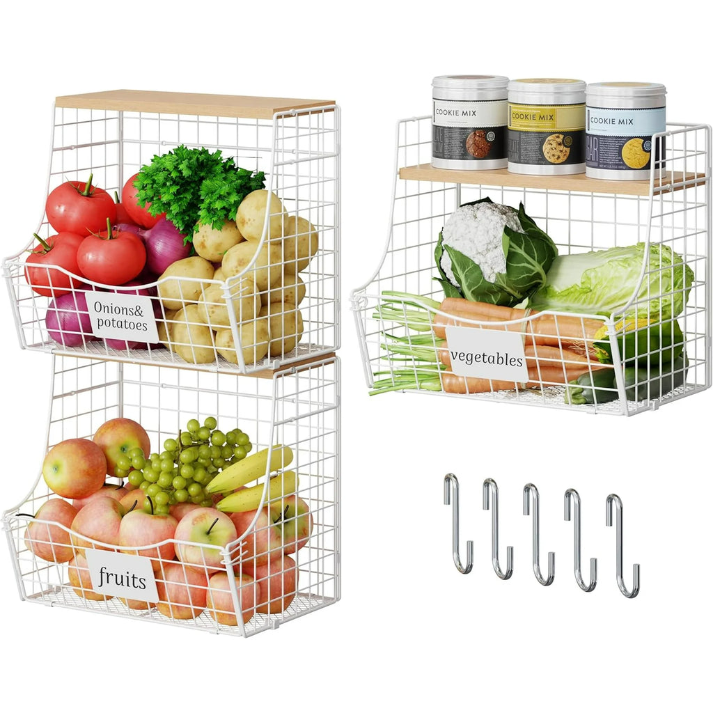 3 Pack Hanging Wire Basket with Wood Lid & S Hook L629