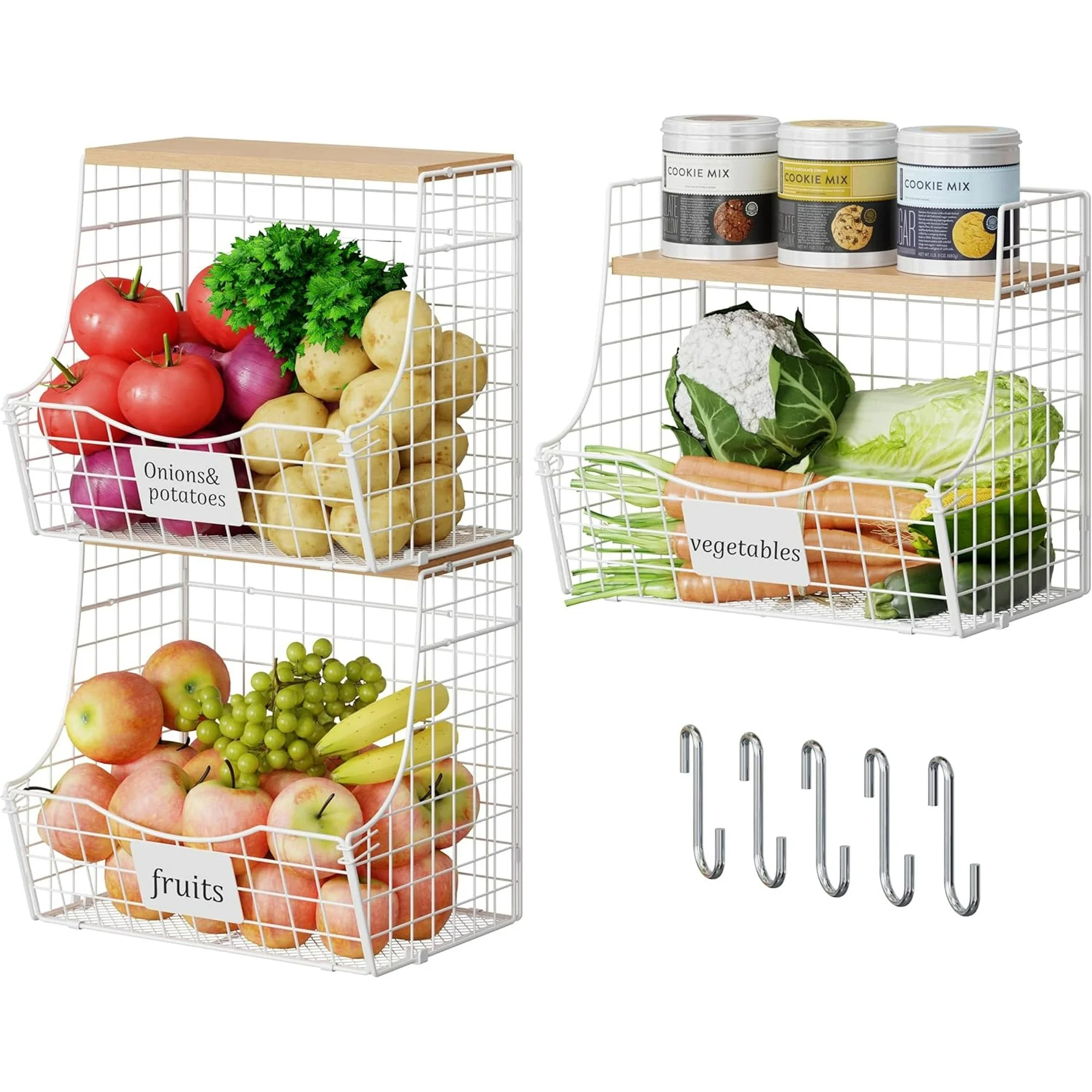 3 Pack Hanging Wire Basket with Wood Lid & S Hook L629