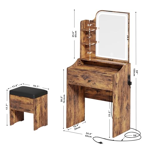 White Small Makeup Vanity Desk with Mirror and Lights, Vanity Table Set with Storage Drawer, Chair and Three Shelves P895