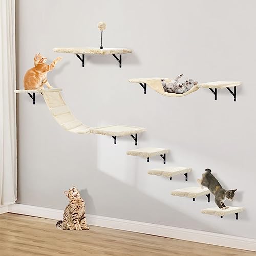 7 Pcs Beige Wood Cat Climber Set with Shelves, Perches, Bridge, Hammock, Scratching Board J680829