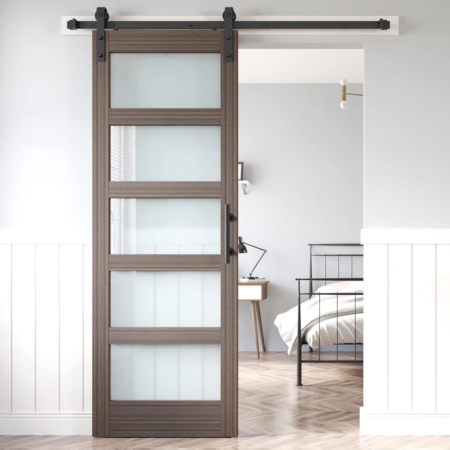 Glass Sliding Barn Door Slab with Hardware Kit, MDF Wood Panel with PVC Surface V4740